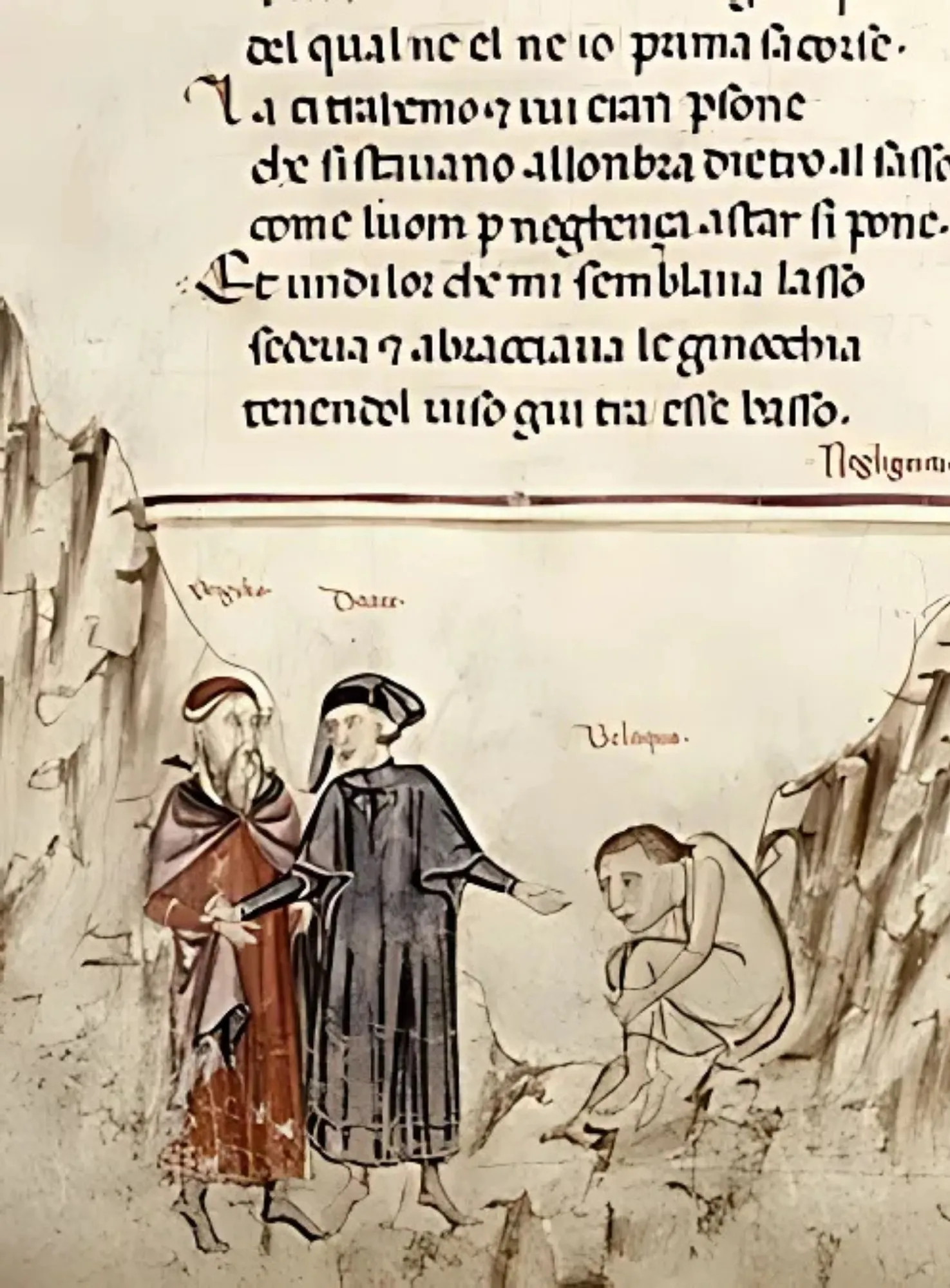L’immagine mostra una miniatura tratta dal manoscritto di Holkham (conservato alla Bodleian Library di Oxford), una delle più notevoli testimonianze iconografiche medievali della Divina Commedia. 